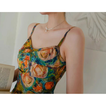 薔薇の花の油彩画キャミソールワンピース