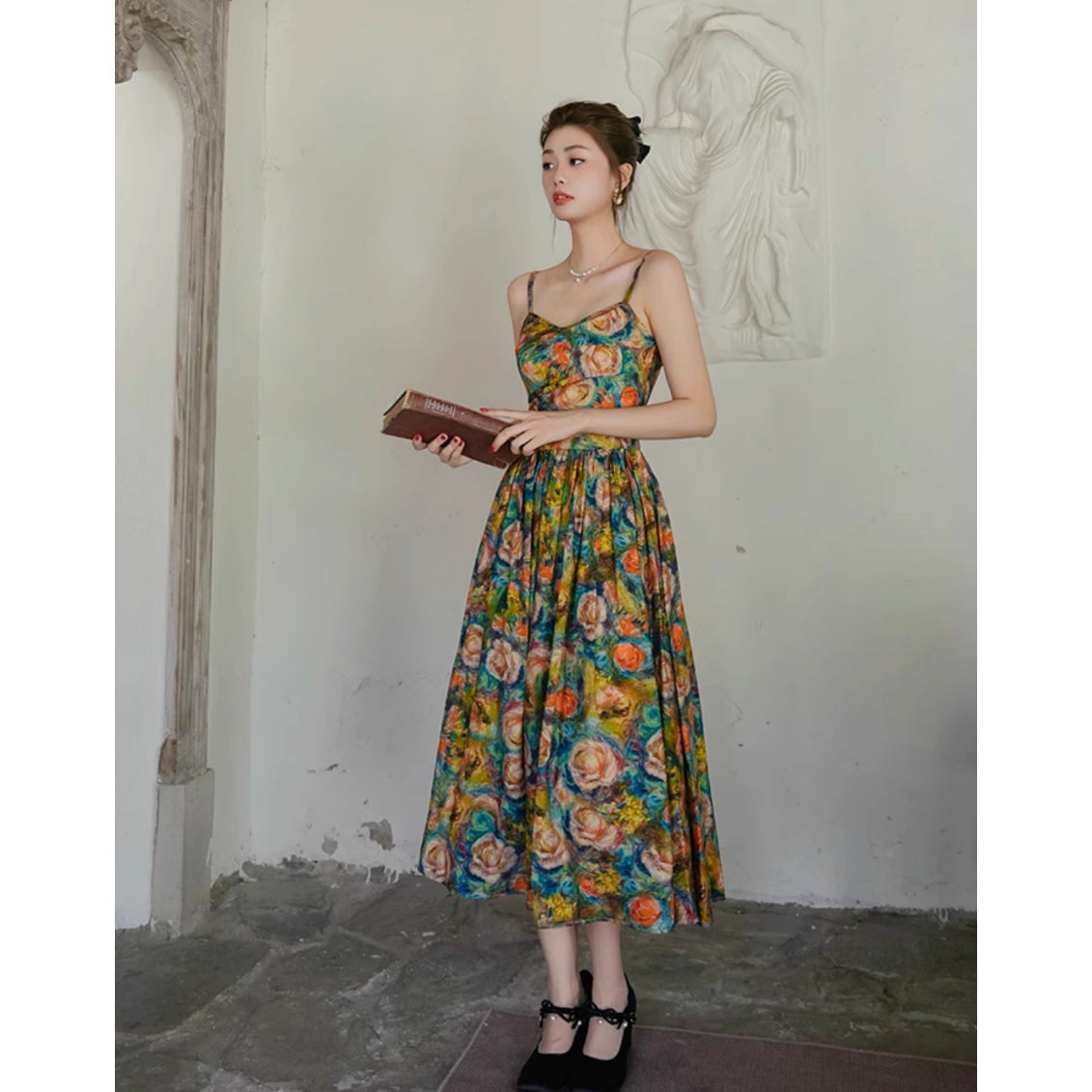 薔薇の花の油彩画キャミソールワンピース