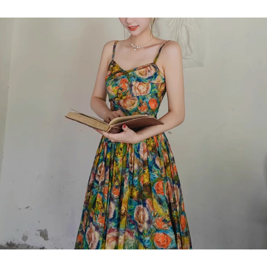 薔薇の花の油彩画キャミソールワンピース