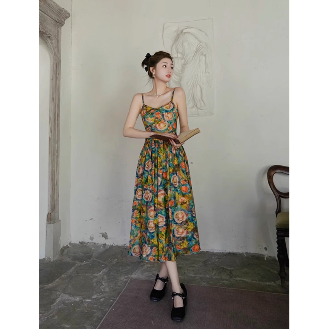 薔薇の花の油彩画キャミソールワンピース