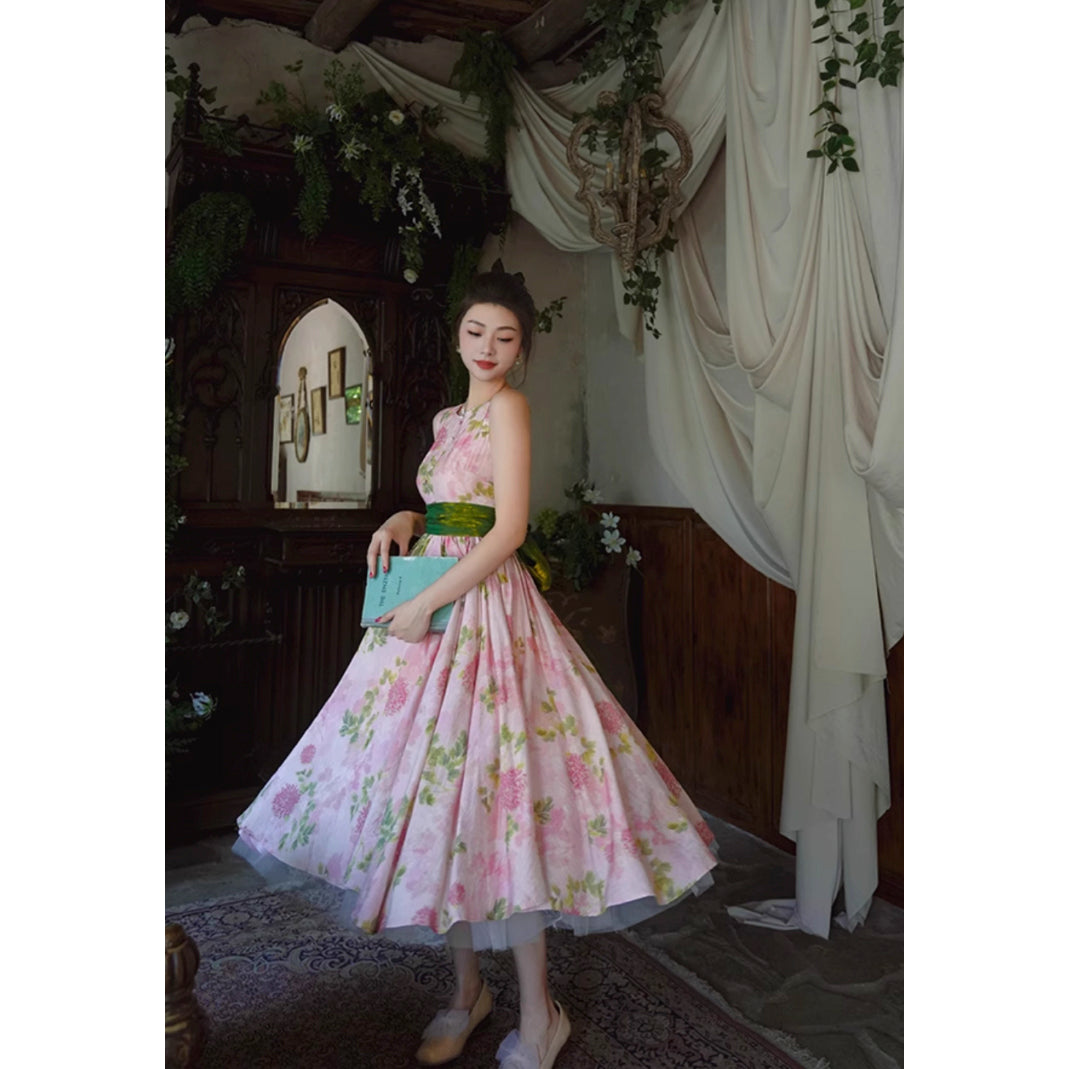 桃色の菊の花絵画ワンピース