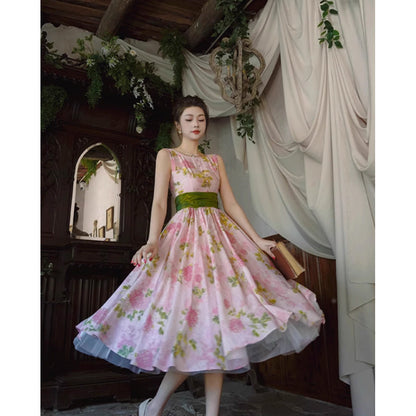 桃色の菊の花絵画ワンピース