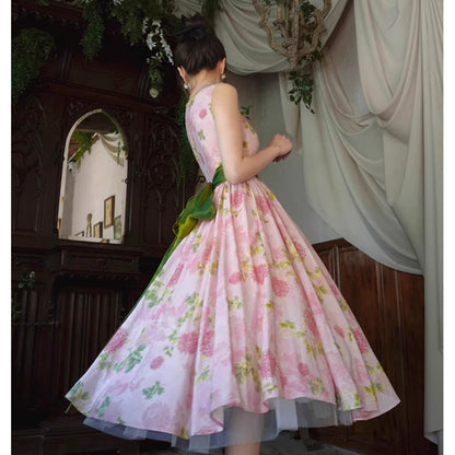 桃色の菊の花絵画ワンピース