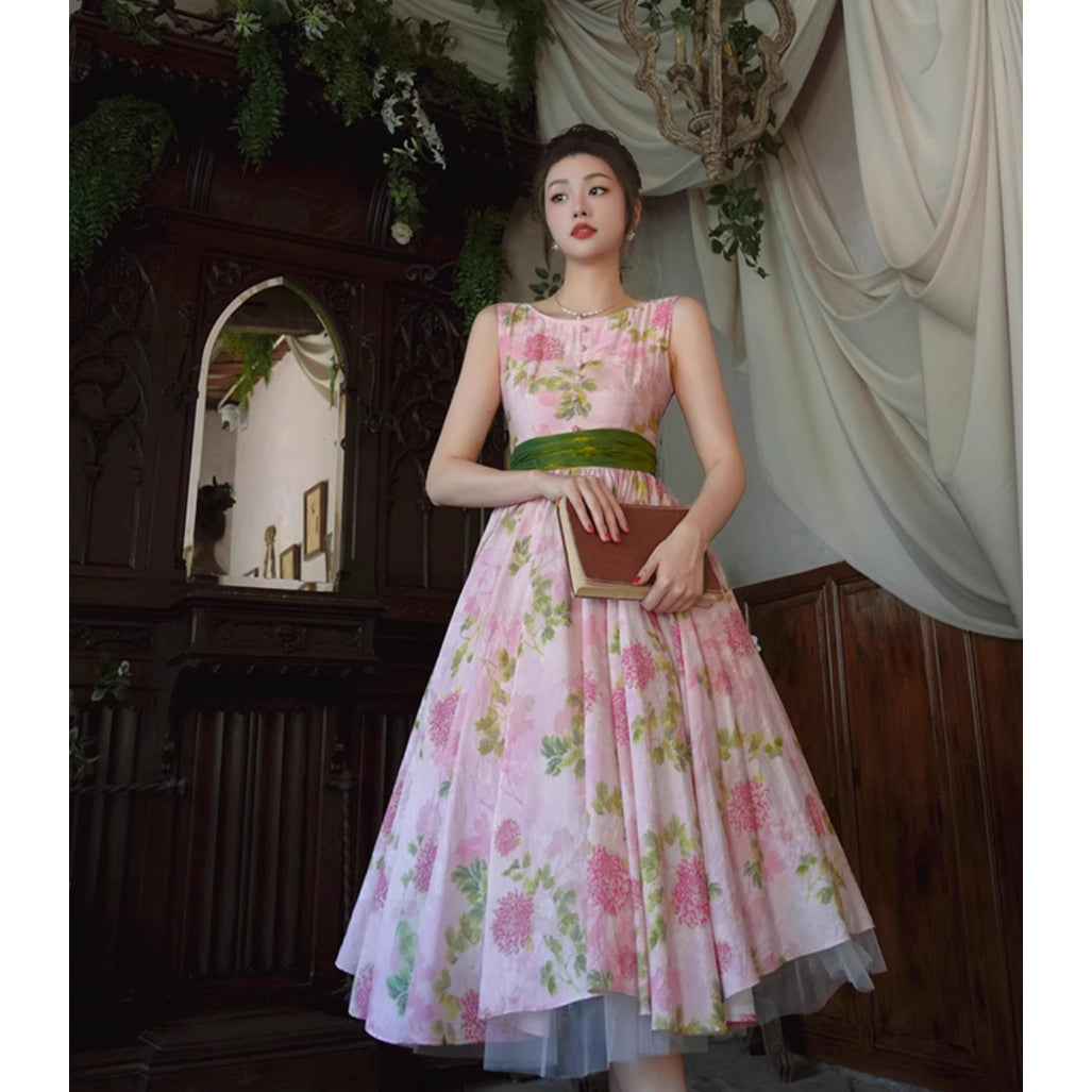 桃色の菊の花絵画ワンピース