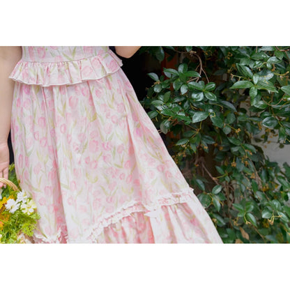 チューリップの花群集のレトロワンピース