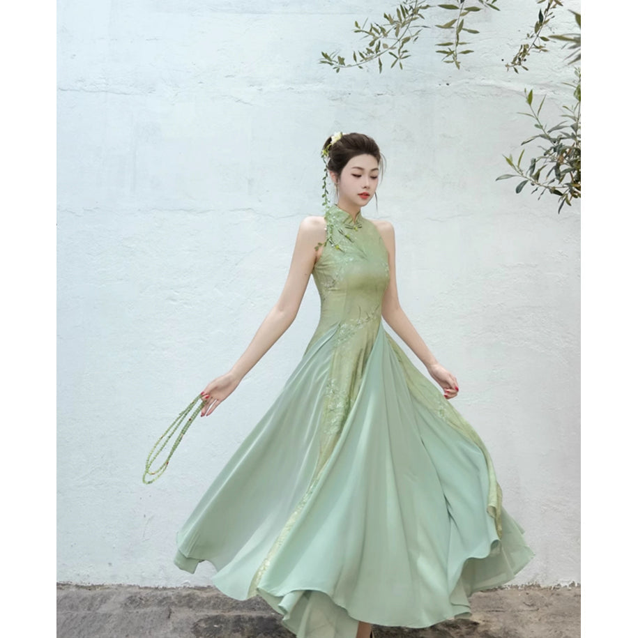 東洋蘭の花絵画チャイナワンピース