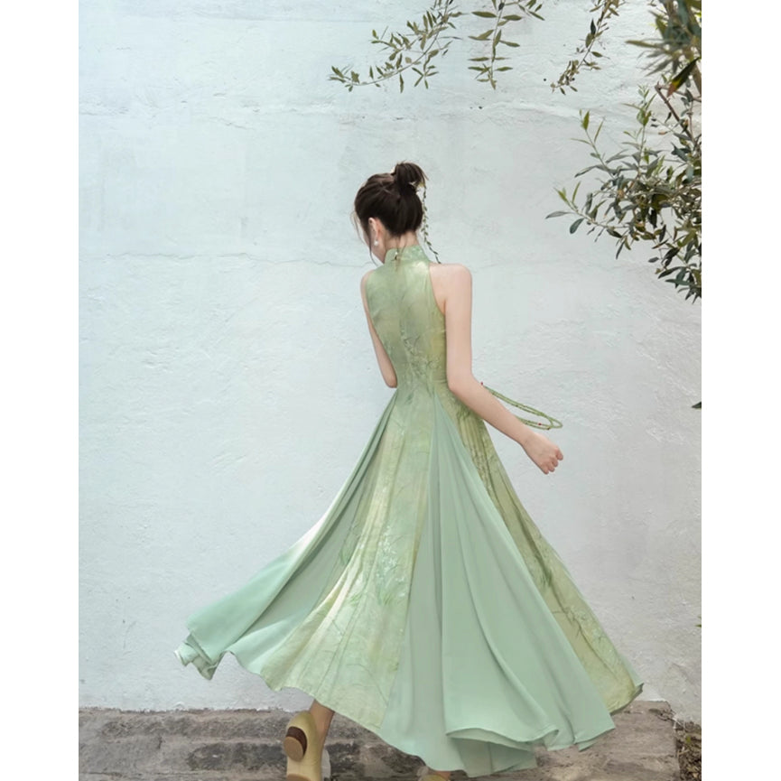 東洋蘭の花絵画チャイナワンピース