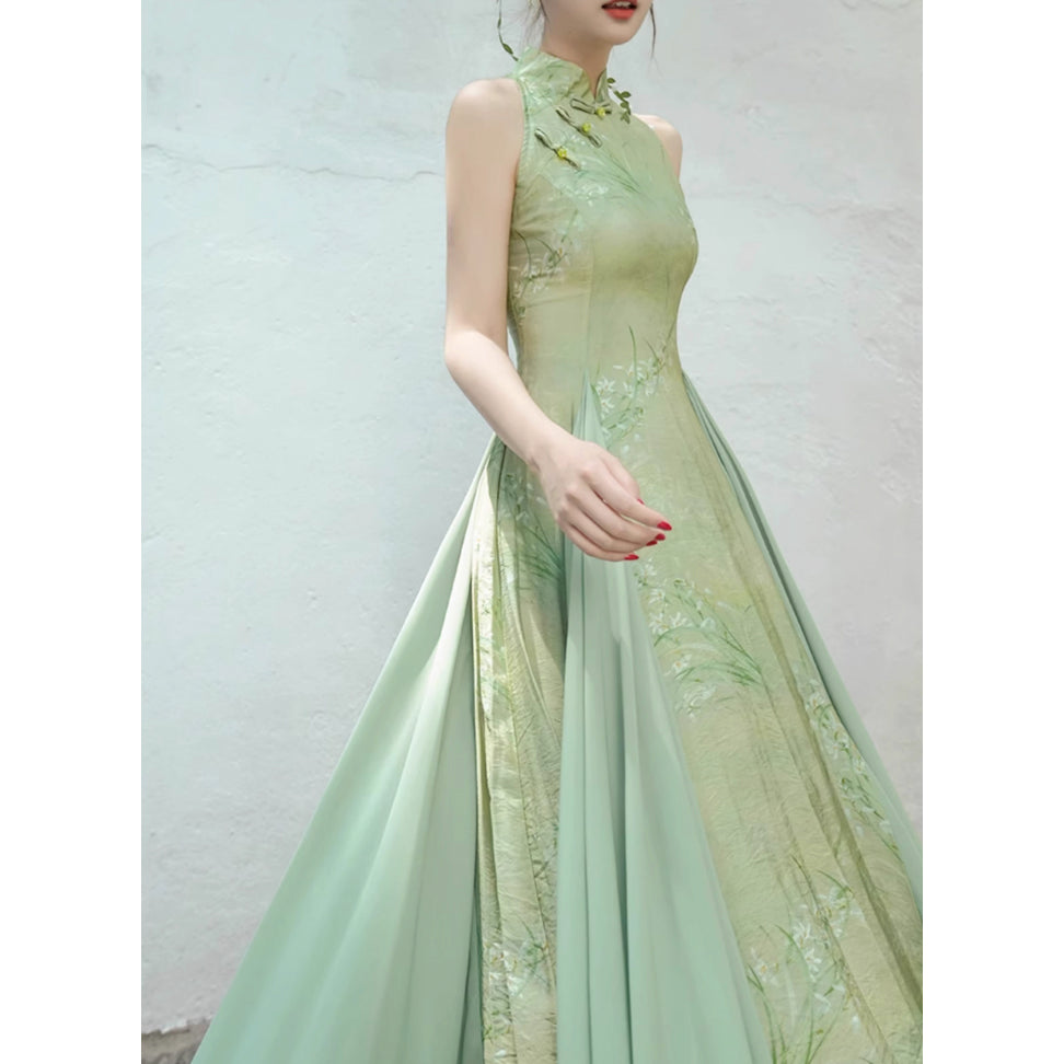 東洋蘭の花絵画チャイナワンピース