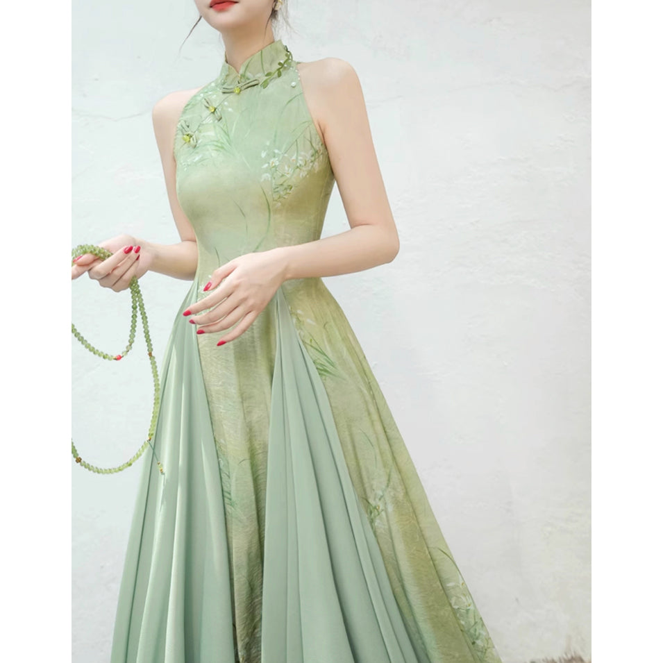 東洋蘭の花絵画チャイナワンピース