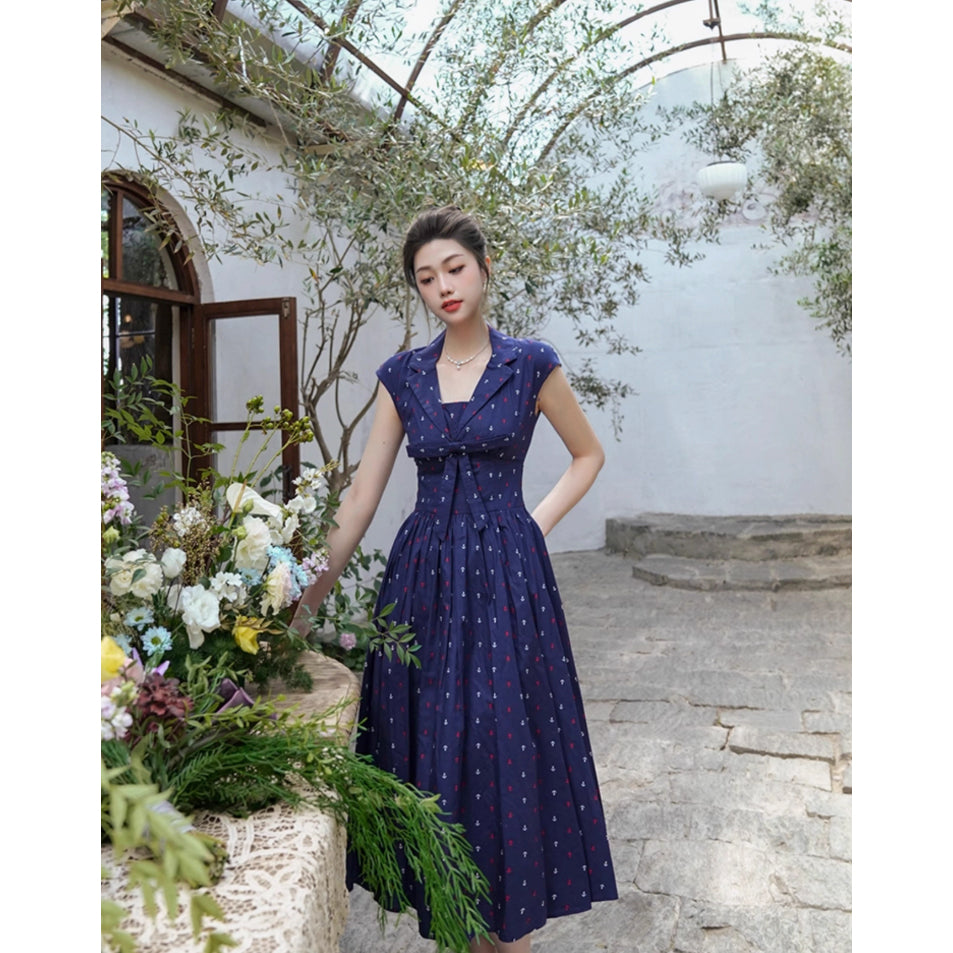 濃紺の錨の挿絵ヘップバーンワンピース