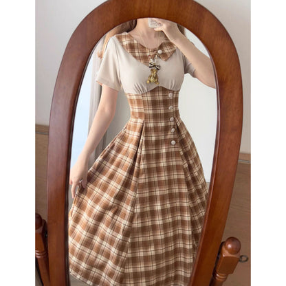英国令嬢のレトロチェックワンピース - Light Brown