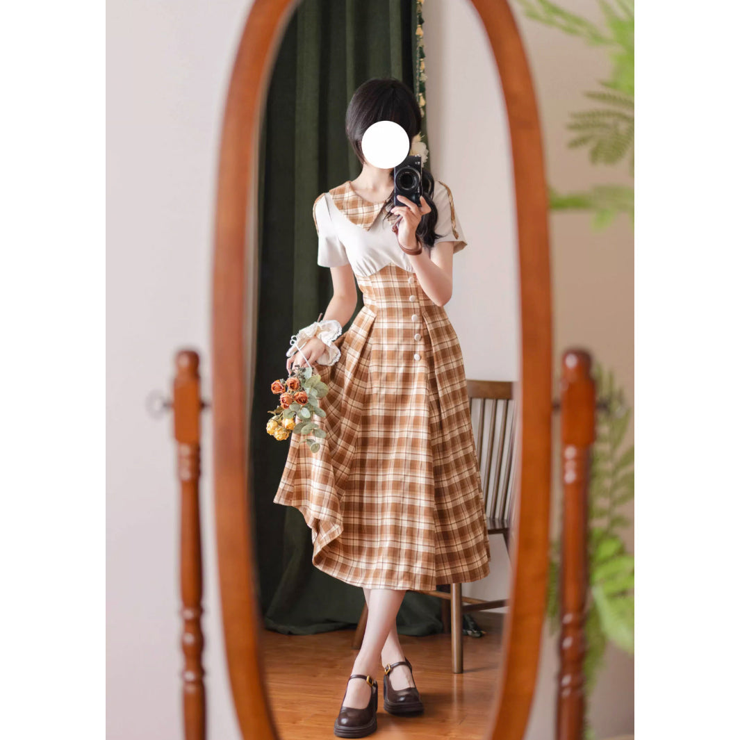 英国令嬢のレトロチェックワンピース - Light Brown