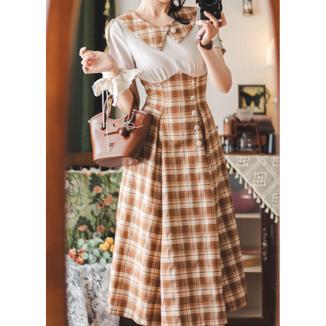 英国令嬢のレトロチェックワンピース - Light Brown