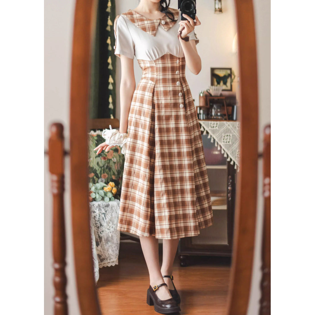 英国令嬢のレトロチェックワンピース - Light Brown