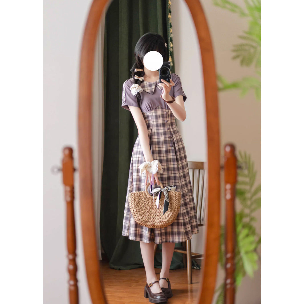 英国令嬢のレトロチェックワンピース - Light Purple