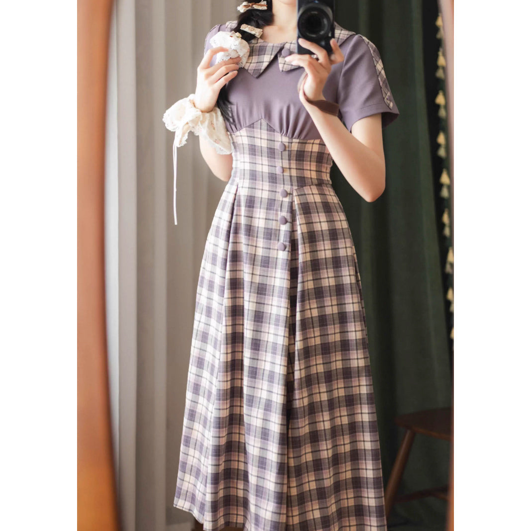 英国令嬢のレトロチェックワンピース - Light Purple