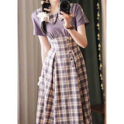 英国令嬢のレトロチェックワンピース - Light Purple