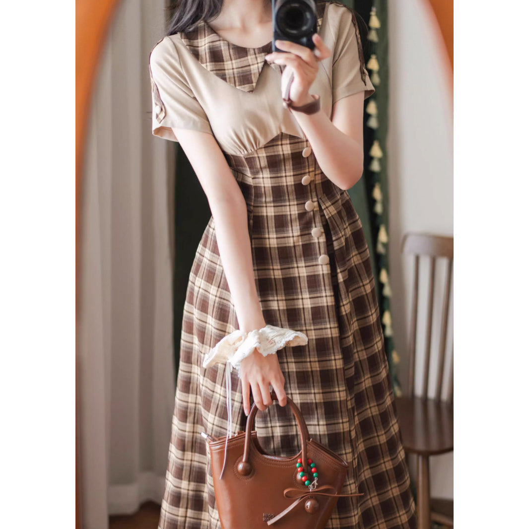 英国令嬢のレトロチェックワンピース - Dark Brown