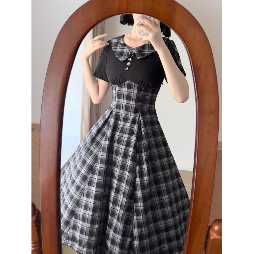 英国令嬢のレトロチェックワンピース - Black