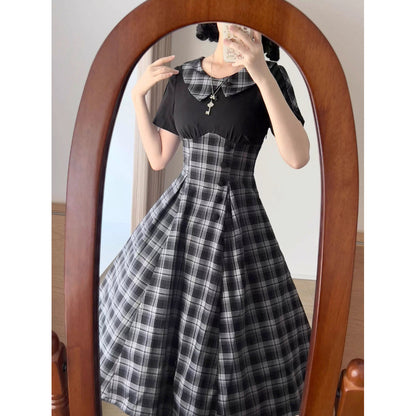 英国令嬢のレトロチェックワンピース - Black