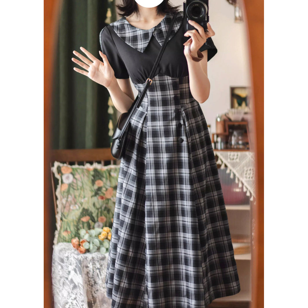 英国令嬢のレトロチェックワンピース - Black
