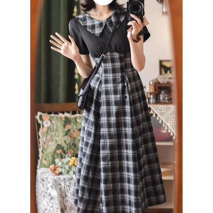 英国令嬢のレトロチェックワンピース - Black