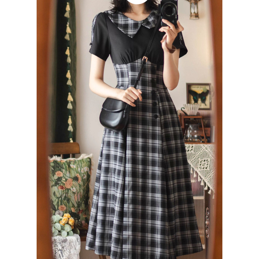 英国令嬢のレトロチェックワンピース - Black