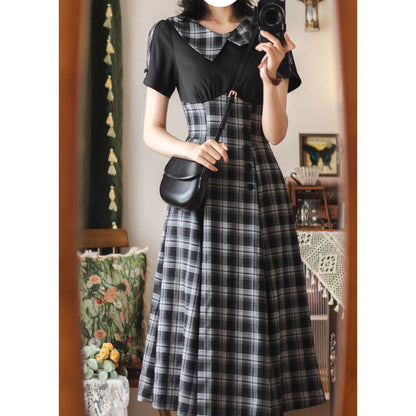 英国令嬢のレトロチェックワンピース - Black
