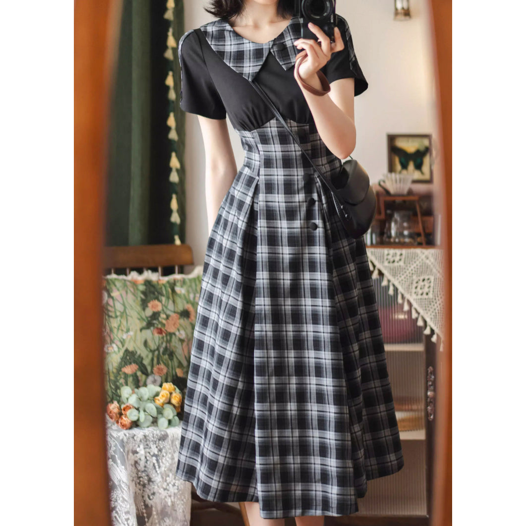 英国令嬢のレトロチェックワンピース - Black