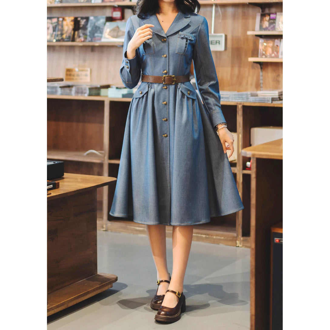 英国のお嬢様のデニムワンピース - Long Sleeves