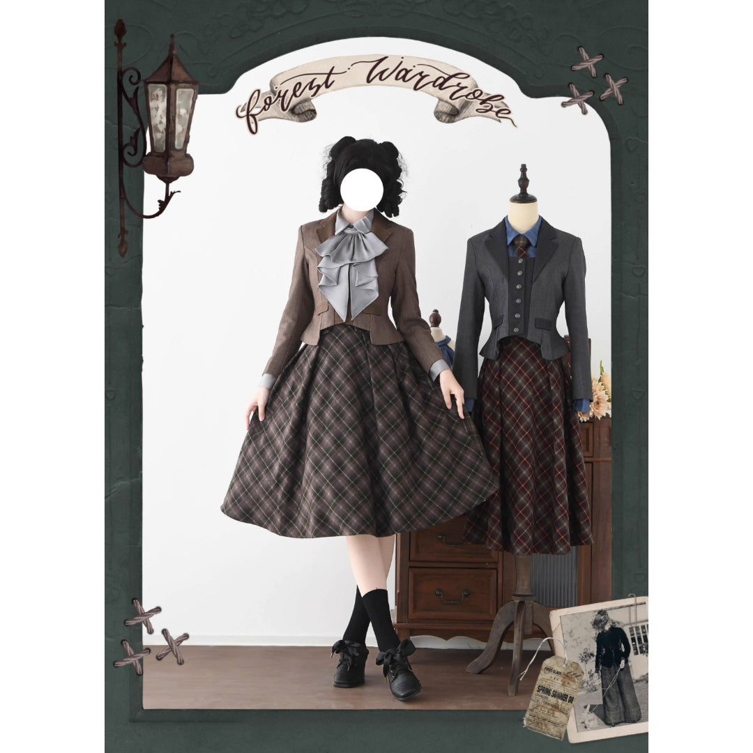 英国のお嬢様のクラシカルジャンパースカート - Olive Gray Checked