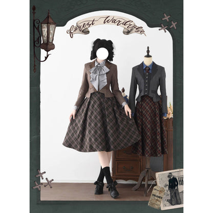 英国のお嬢様のクラシカルジャンパースカート - Olive Gray Checked