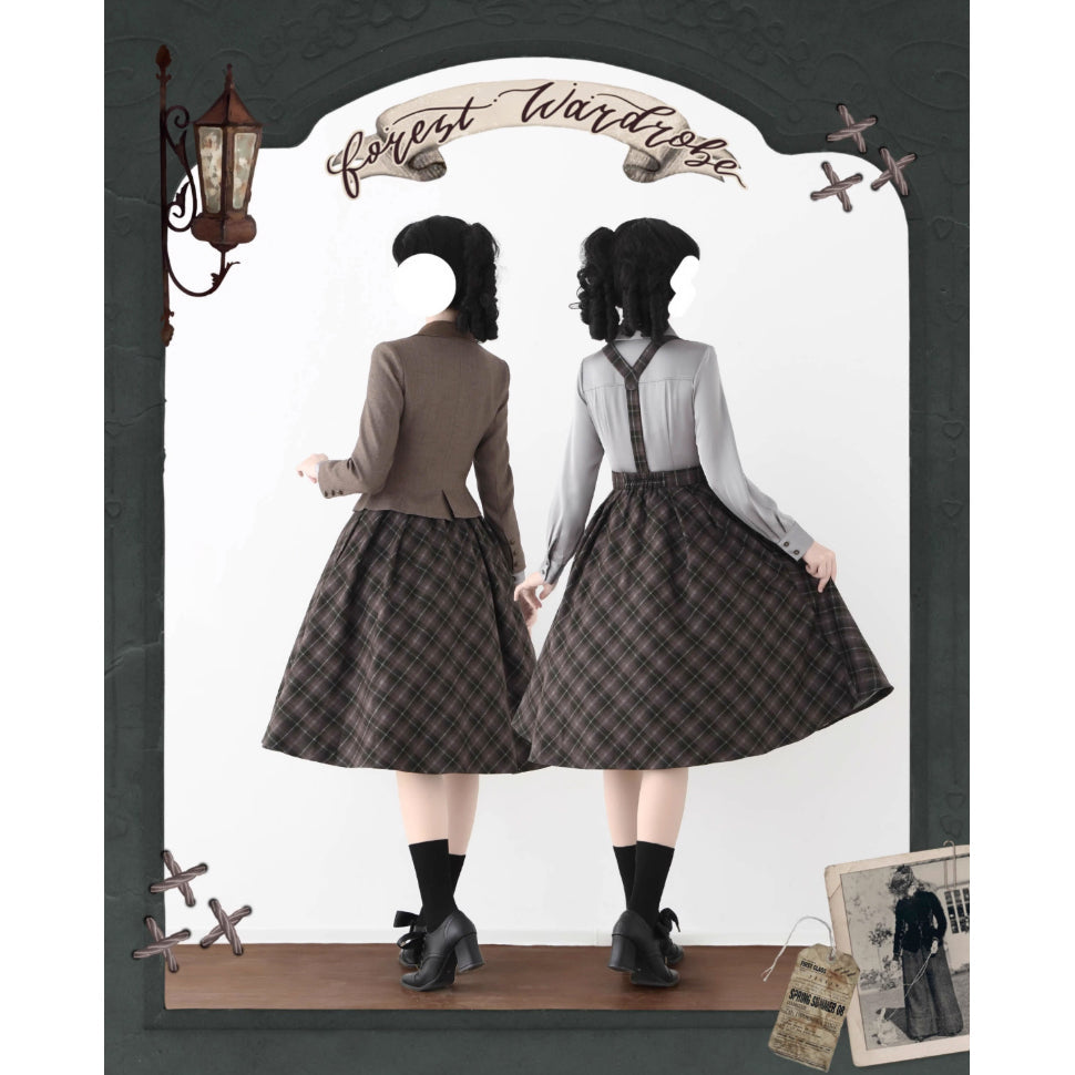 英国のお嬢様のクラシカルジャンパースカート - Olive Gray Checked