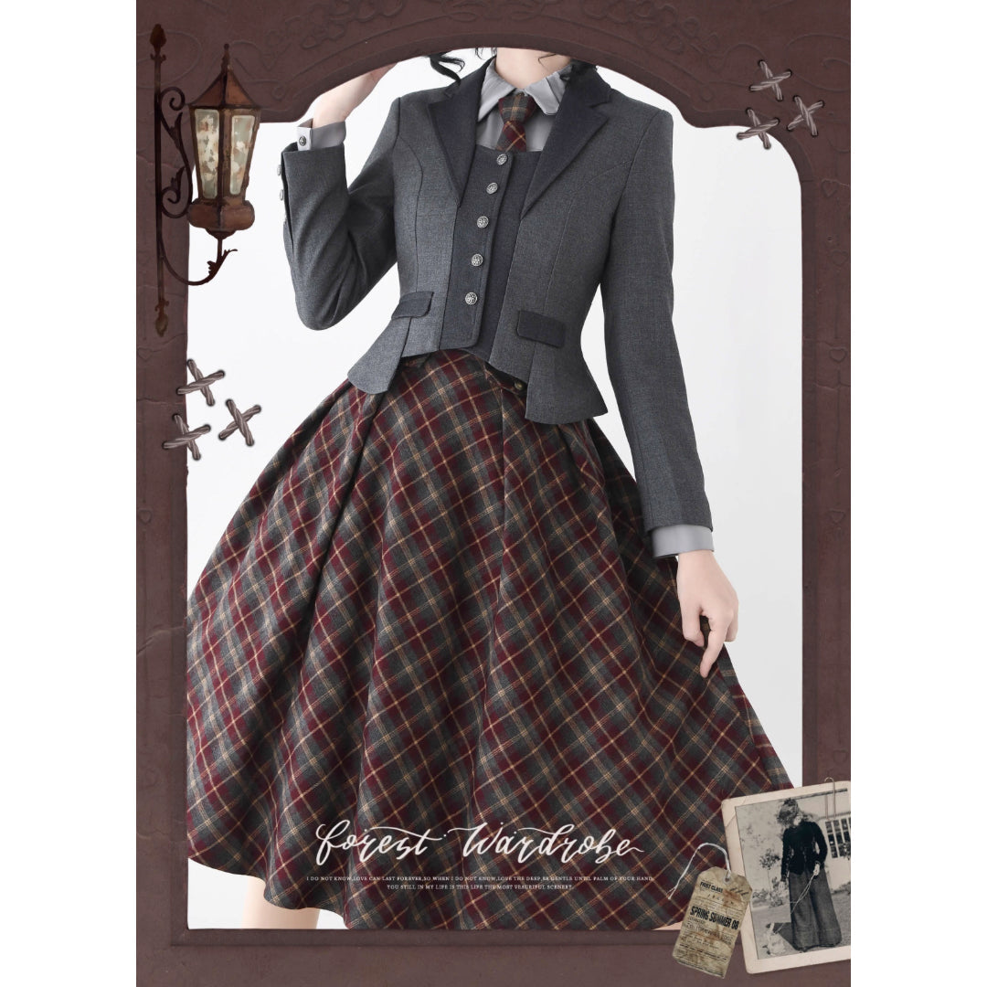 英国のお嬢様のクラシカルジャンパースカート - Burgundy Checked