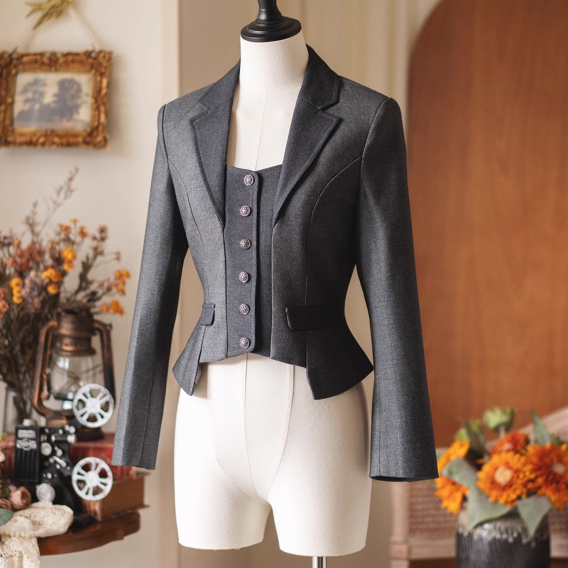英国のお嬢様のクラシカルショートジャケット - Dark Gray
