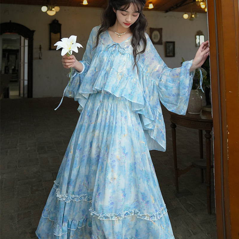 藤の花の水彩画ブラウスとロングスカート