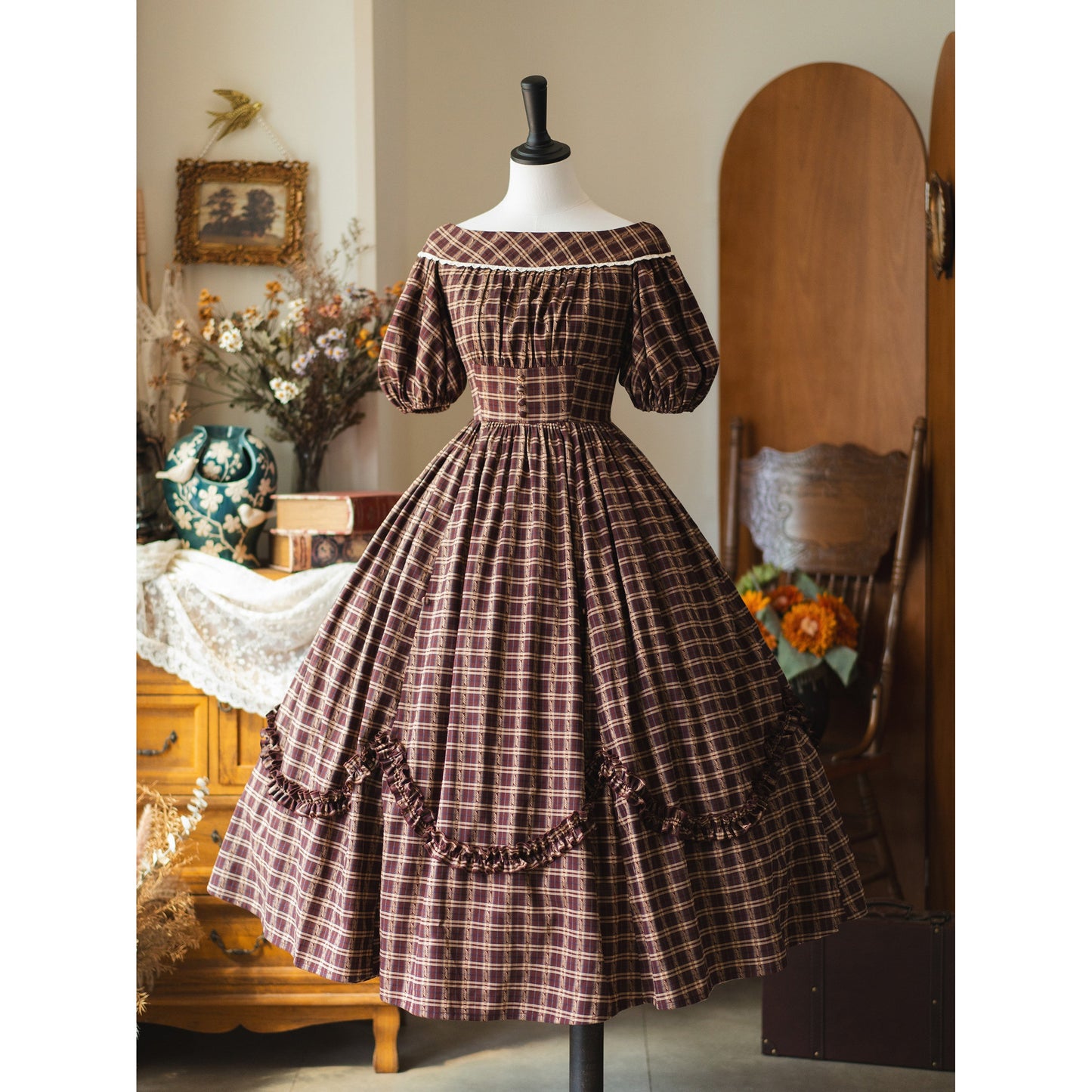 英国のお嬢様の格子柄レトロワンピース - Dark Brown