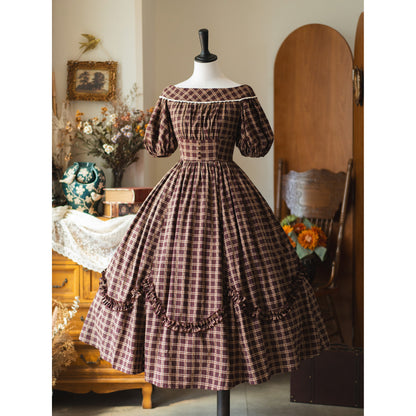 英国のお嬢様の格子柄レトロワンピース - Dark Brown