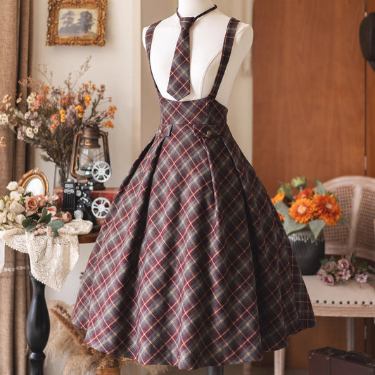 英国のお嬢様のクラシカルジャンパースカート - Burgundy Checked