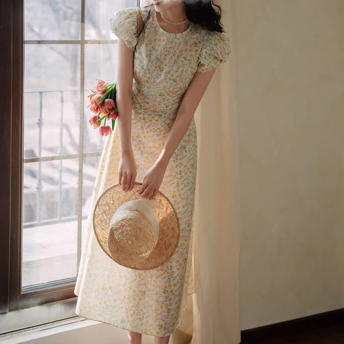 水彩の花群集レトロワンピース