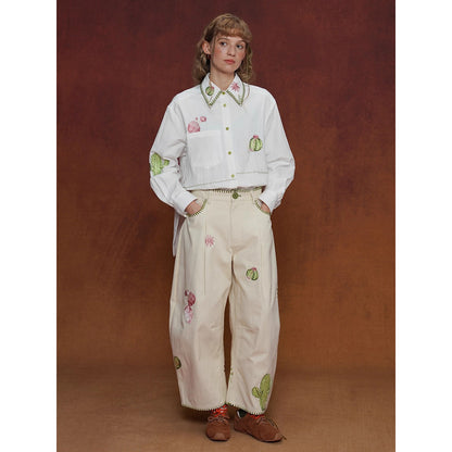 サボテンと花の刺繍ワイドパンツ