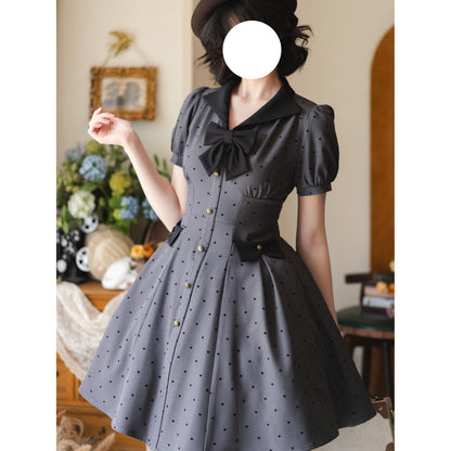 映画女優の水玉柄クラシカルワンピース - Slate Gray