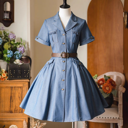 英国のお嬢様のデニムワンピース - Short Sleeves