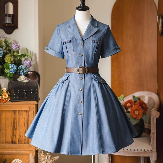 英国のお嬢様のデニムワンピース - Short Sleeves