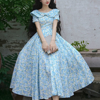 水縹の薔薇柄レトロワンピース