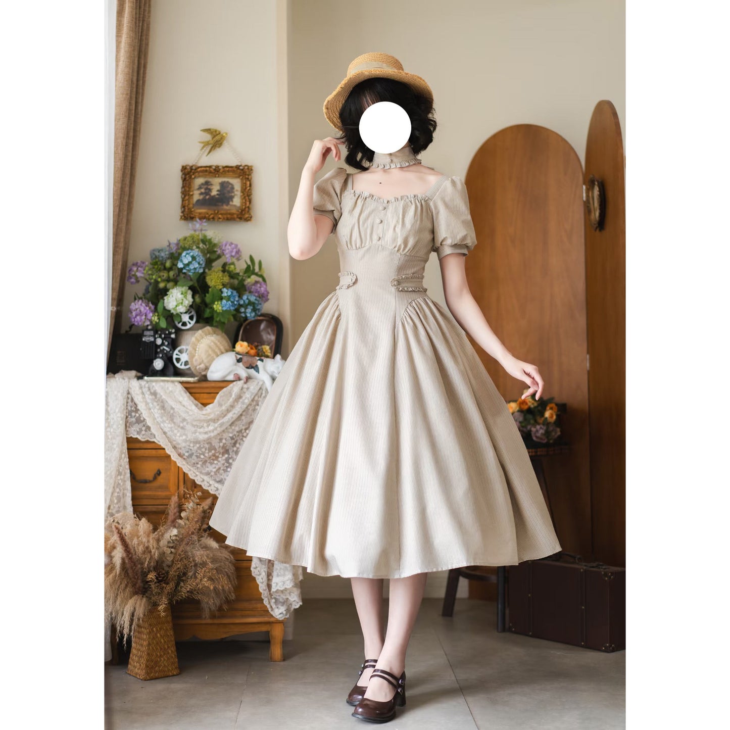 英国のお嬢様のクラシカルストライプワンピース - Sand Beige