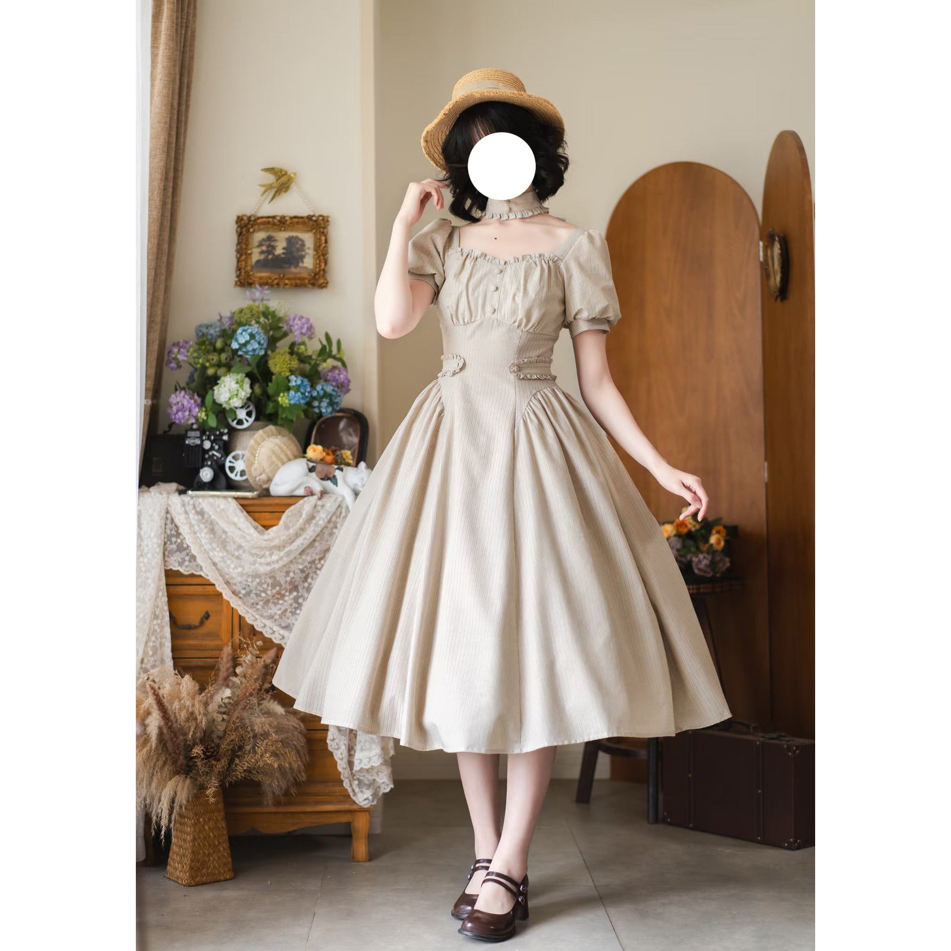 英国のお嬢様のクラシカルストライプワンピース - Sand Beige