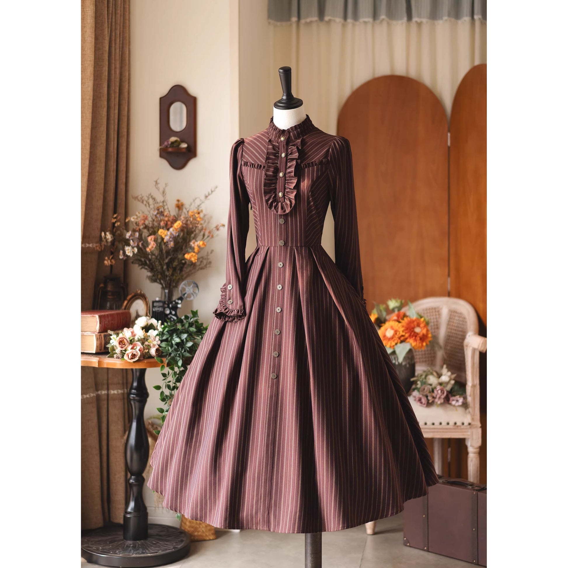 英国のお嬢様のクラシカルストライプワンピース - Burgundy