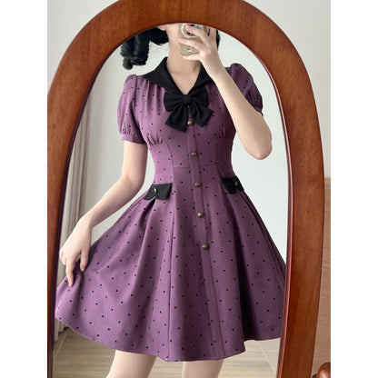 映画女優の水玉柄クラシカルワンピース - Deep Purple