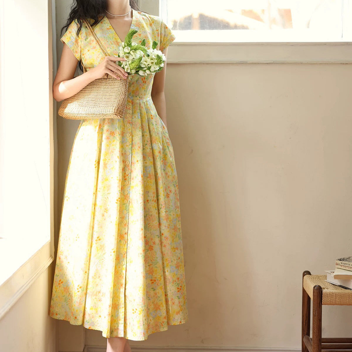 藤黄の花群集クラシックワンピース
